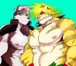  2boys animal_ears bara belly black_eyes blonde_hair chest_hair ezaki_papiko furry green_sclera grey_fur grey_hair headband highres horkeu_kamui_(tokyo_houkago_summoners) jacket jacket_on_shoulders macan_(tokyo_houkago_summoners) male_focus multiple_boys muscular muscular_male navel nipples pectorals plump silver_hair smile thick_eyebrows tiger_boy tiger_ears tokyo_houkago_summoners two-tone_fur upper_body white_fur wolf_boy wolf_ears yellow_fur 