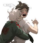  2boys ^^^ ahoge black_hair blush brown_hair coat danganronpa_(series) danganronpa_2:_goodbye_despair doggye_(zginrwsn) from_side green_coat green_eyes grey_background hand_up head_on_another&#039;s_shoulder hinata_hajime hood hooded_coat hug hug_from_behind komaeda_nagito male_focus medium_hair messy_hair multiple_boys necktie open_mouth pale_skin shirt short_hair short_sleeves simple_background speech_bubble surprised sweatdrop translation_request upper_body upper_teeth white_background white_shirt yaoi 