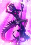  anthro big_breasts black_body black_fur bra breasts clothing dancing digital_media_(artwork) dragon fangs female fluffy fluffy_tail fur furred_dragon hair hi_res horn leonifa lingerie looking_at_viewer markings pole pole_dancing simple_background smile solo tongue tongue_out underwear 