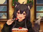  1girl :d animal_ear_fluff animal_ears black_hair black_sweater blush cake christmas_wreath commentary dated english_commentary food fork fox_ears fox_tail fruit gift_art hair_ornament hairclip head_tilt holding holding_fork long_hair long_sleeves looking_at_viewer open_mouth original purple_eyes round_teeth signature smile solo strawberry sweater tail teeth temachii upper_teeth 
