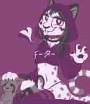  2020 anthro cheetah clothed clothing felid feline female finger_claws fur hair looking_at_viewer mammal midriff navel pawpads plushie purple_background purple_theme restricted_palette simple_background solo spots spotted_body spotted_fur stephie_(fraydia1) theblueberrycarrots tongue tongue_out 
