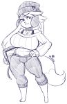  absurd_res anthro barefoot big_breasts blue_and_white bottomwear bra breasts canid canine canis clothing collar digitigrade domestic_dog female fight_stick hand_on_hip hat headgear headwear hi_res mammal monochrome nikki_(pkfirefawx) pants pkfirefawx sketch solo sweater topwear underwear 