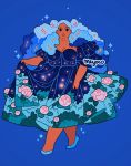  1girl artist_name big_hair black_eyes blue_background blue_footwear cloud_hair crescent dark_skin dress floral_print flower full_body holding holding_clothes holding_dress leaf looking_at_viewer meyoco original pink_flower print_dress shoes simple_background solo sparkle standing star_(symbol) 