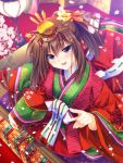  1girl :d angel_beats! bangs black_eyes blurry blurry_background blush brown_hair cherry_blossoms eyebrows_visible_through_hair from_above hair_between_eyes hair_ornament highres hisako_(angel_beats!) kneeling long_hair looking_at_viewer open_mouth ponytail satomi_yoshitaka shiny shiny_hair smile solo 