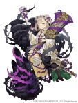 blonde_hair briar_rose_(sinoalice) eyebrows_visible_through_hair floral_print full_body half-closed_eyes highres japanese_clothes ji_no kimono looking_at_viewer official_art platform_footwear sandals sash sinoalice sitting solo square_enix stuffed_toy thorns white_background wide_sleeves yellow_eyes 