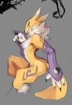  anthro black_sclera blue_eyes breasts butt canid canine claws clothing digimon digimon_(species) female fluffy fox fur mammal markings muscular muscular_anthro muscular_female purple_clothing renamon sharp_claws sketch sleeves solo spaboofy yellow_body yellow_fur 