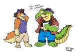  2020 alligator alligatorid anthro blue_nose bottomwear brok_(character) brok_the_investigator canid canine clothing crocodilian duo english_text eyes_closed fox green_body hat headgear headwear hi_res humanoid_hands male mammal pants reptile scalie shirt simple_background text topwear tygom5 video_games white_background 