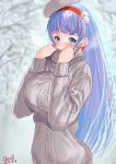  1girl adjusting_collar artist_name blue_eyes blue_hair blurry blurry_background blush breasts cherosuke2015 dated earrings grey_sweater hands_up headband highres jewelry large_breasts long_hair long_sleeves looking_at_viewer lucille_(sennen_sensou_aigis) outdoors red_headband sennen_sensou_aigis solo standing sweater tilted_headwear turtleneck turtleneck_sweater 