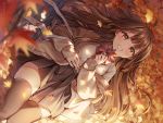  autumn brown_hair chyoling leaves long_hair original signed thighhighs 