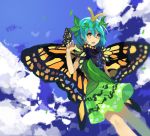  1girl :d antennae aqua_hair bangs black_capelet blue_sky bug butterfly butterfly_on_hand butterfly_wings capelet cloud commentary_request dress eternity_larva eyebrows_visible_through_hair feet_out_of_frame green_dress hair_between_eyes hair_ornament highres insect kaigen_1025 kariyushi_shirt leaf leaf_hair_ornament leaf_on_head leaning_to_the_side looking_at_viewer multicolored multicolored_clothes multicolored_dress open_mouth orange_eyes short_dress short_hair short_sleeves sidelocks sky smile solo touhou turtleneck wings yellow_butterfly yellow_wings 