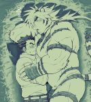  2boys animal_ears ass bara belly blush completely_nude ezaki_papiko face_to_pecs furry highres lying macan_(tokyo_houkago_summoners) male_focus master_3_(tokyo_houkago_summoners) monochrome multiple_boys muscular muscular_male nipples nude on_side pectorals plump sleeping thick_eyebrows thighs tiger_boy tiger_ears tokyo_houkago_summoners upper_body yaoi 