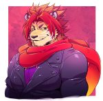  1boy animal_ears bara black_shirt cropped_torso ezaki_papiko furry headband highres jacket looking_at_viewer male_focus muscular muscular_male nomad_(tokyo_houkago_summoners) orange_eyes orange_hair orange_scarf pectorals purple_jacket scarf shirt smile solo tiger_boy tiger_ears tokyo_houkago_summoners whiskers 