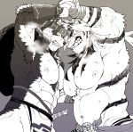  2boys animal_ears bara bare_pecs battle belly black_eyes breath bulge ezaki_papiko furry green_sclera greyscale headband highres horkeu_kamui_(tokyo_houkago_summoners) interlocked_fingers macan_(tokyo_houkago_summoners) male_focus monochrome multiple_boys muscular muscular_male navel nipples pectorals pelvic_curtain plump sharp_teeth sweat teeth thick_eyebrows tiger_boy tiger_ears tokyo_houkago_summoners two-tone_fur upper_body veins wolf_boy wolf_ears wrestling_outfit 