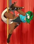  2018 anthro black_collar black_nose breasts chain clothed clothing collar dancing female fish goliathcpg green_hair hair marine non-mammal_breasts pole pole_dancing shackles shark solo 