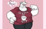  big_breasts bottomwear breasts clothing dialogue english_text female flexing fur hair imminent_fisting ironkongstudios mammal muscular_arms overweight overweight_female pants pink_eyes polar_bear shirt solo sophie_(ironkongstudios) text topwear ursid ursine white_body white_fur white_hair 