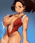  1girl areola_slip areolae black_hair bloop blue_background blush boku_no_hero_academia breast_squeeze breasts cleavage curvy deep_skin forehead grabbing_own_breast hair_pulled_back harness lactation large_breasts leotard long_hair looking_at_viewer navel nipples one_breast_out plunging_neckline ponytail puffy_nipples red_leotard sagging_breasts solo standing sweat thick_thighs thighs unaligned_breasts yaoyorozu_momo 