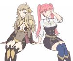  2girls ahoge belt blonde_hair bridal_gauntlets closed_mouth desk fire_emblem fire_emblem:_three_houses fire_emblem_fates garreg_mach_monastery_uniform grey_eyes hayato_stuff highres hilda_valentine_goneril holding_hands looking_at_another multiple_girls on_desk one_eye_closed ophelia_(fire_emblem) pink_eyes sitting sitting_on_desk twintails 