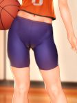  1girl ass_visible_through_thighs ball basketball basketball_uniform bike_shorts blurry blurry_background cameltoe close-up contrapposto endou_hiroto highres holding holding_ball jersey lower_body navel original pov_crotch shorts skindentation solo sportswear standing thighs 