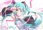  1girl akino_coto aqua_eyes aqua_hair bangs detached_sleeves hatsune_miku looking_at_viewer necktie one_eye_closed solo teeth twintails upper_body vocaloid 