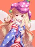  1girl :p american_flag_dress artist_name bangs blonde_hair breasts chikuwa_savy clownpiece commentary_request eyebrows_visible_through_hair fairy_wings feet_out_of_frame groin hat highres jester_cap knee_up long_hair looking_at_viewer orange_background polka_dot red_eyes red_stripes shirt_lift sidelocks simple_background sitting small_breasts solo star_(symbol) star_print tongue tongue_out touhou v-shaped_eyebrows very_long_hair wavy_hair wings 