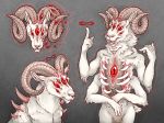  2020 2_mouths 4_arms ambiguous_gender anthro chest_eye demon fur gesture gradient_background hi_res humanoid_hands multi_arm multi_eye multi_limb multi_mouth multiple_images pointing ram_horns red_eyes ribs simple_background skullbird solo white_body white_fur 