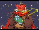  2020 anthro beard christmas eyes_closed facial_hair holidays humanoid_hands iguanid itzamna lizard male okudami overweight overweight_anthro overweight_male red_body reptile scalie scarf simple_background solo text tokyo_afterschool_summoners video_games 