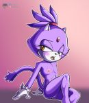  accessory anthro blaze_the_cat blush clothing domestic_cat felid feline felis female flat_chested fours_(artist) fur gloves hair_accessory hair_tie handwear mammal nipples pink_nipples purple_body purple_fur sitting solo sonic_the_hedgehog_(series) 