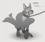  2020 4_toes anthro balls bdsm beastars blep canid canine canis chain claws collar dialogue english_text fur genitals good_boy grey_body grey_fur leash legoshi_(beastars) lindelon male mammal muzzle_(object) muzzled petplay roleplay shackles solo submissive submissive_male tailwag text toe_claws toes tongue tongue_out unseen_character wolf 