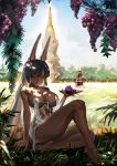  1girl animal_ears barefoot black_hair blue_eyes breasts cleavage closed_eyes colored_inner_hair commentary_request corset dappled_sunlight dark_skin dark_skinned_female day fingernails food fruit full_body grapes highres jackal_ears jewelry jungle large_breasts leg_up lips long_hair multicolored_hair nature neck_ring original pasties plate see-through_skirt silver_hair sitting skirt solo sunlight tassel thick_thighs thighs toes topless tower two-tone_hair zm 