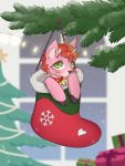  2020 3:4 ambiguous_gender bell blush cervid christmas christmas_stocking christmas_tree cloven_hooves collar english_text fan_character feral fur green_eyes hair hasbro hi_res holidays hooves jingle_bell lunarlacepony mammal micro my_little_pony orange_hair pink_body pink_fur plant red_collar signature solo text tree 