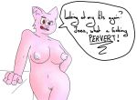  anthro big_breasts breasts brown_eyes crossed_legs digital_media_(artwork) domestic_cat english_text felid feline felis female fur genitals humiliation leaning looking_at_viewer mammal nipples nude open_mouth pink_body pink_fur protzermotzer pussy simple_background solo standing teeth text white_background 