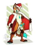 anthro canid canine canis christmas christmas_clothing christmas_headwear clothing costume coyote erection feet genitals hat headgear headwear holidays male mammal nicnak044 nipples nude paws penis ribbons santa_costume santa_hat solo 