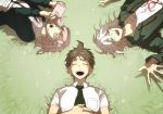  1girl 2boys ahoge bangs black_jacket black_shirt blush breast_pocket brown_hair closed_eyes commentary_request danganronpa_(series) danganronpa_2:_goodbye_despair doggye_(zginrwsn) dress_shirt flipped_hair from_above grass green_hoodie green_jacket hair_ornament hairclip handheld_game_console happy hinata_hajime holding holding_handheld_game_console hood hood_down hoodie jacket komaeda_nagito long_sleeves lying multiple_boys nanami_chiaki neck_ribbon necktie on_back on_ground open_clothes open_jacket open_mouth pink_eyes pink_ribbon playing_games pocket print_shirt ribbon shirt short_hair short_sleeves smile spaceship_hair_ornament two-tone_shirt upper_teeth white_shirt 