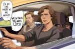  1girl 3boys absurdres anakin_skywalker beard black_shirt blue_eyes brother_and_sister brown_hair brown_shirt car_interior car_seat child closed_eyes commentary contemporary driving english_commentary english_text facial_hair father_and_daughter father_and_son grey_eyes highres luke_skywalker multiple_boys mustache nervous obi-wan_kenobi open_mouth princess_leia_organa_solo shirt short_hair siblings sitting sleeping speech_bubble star_wars steering_wheel sweat thisuserisalive upper_teeth zzz 