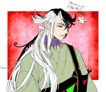  1boy ashiya_douman_(fate) asymmetrical_hair black_eyes black_hair curly_hair earrings fate/grand_order fate_(series) green_eyeshadow green_kimono green_lipstick hair_between_eyes hair_intakes japanese_clothes jewelry kimono lipstick long_hair looking_to_the_side magatama magatama_earrings makeup male_focus miri1120 multicolored_hair solo toned toned_male translation_request two-tone_hair very_long_hair white_hair 