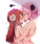  2girls asymmetrical_docking blush breast_press breasts chiyoda_momo closed_eyes completely_nude couple curled_horns demon_girl demon_horns demon_tail food_themed_hair_ornament french_kiss hair_ornament heart highres horns hug kiss large_breasts long_hair machikado_mazoku medium_breasts mel_(melty_pot) multiple_girls nude peach_hair_ornament pink_hair red_hair saliva scar short_hair small_breasts sweat tail tail_wrap tongue yoshida_yuuko_(machikado_mazoku) yuri 