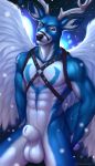  abs animal_genitalia anthro antlers balls big_balls big_sheath black_markings blue_body blue_eyes blue_fur blue_markings cervid clockhands fully_sheathed fur genitals harness harness_only hi_res horn looking_at_viewer male mammal markings mostly_nude muscular muscular_anthro muscular_male pecs rave_redfang sheath solo standing white_balls white_body white_fur white_sheath wings 