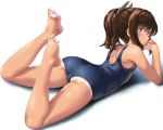 1girl ass bare_arms bare_legs bare_shoulders barefoot blue_swimsuit blush brown_eyes brown_hair commentary_request dd_(ijigendd) feet hair_ornament hairclip i-401_(kantai_collection) kantai_collection legs_up looking_at_viewer lying on_stomach one-piece_swimsuit ponytail school_swimsuit school_uniform shiny shiny_clothes short_hair short_ponytail simple_background soles solo swimsuit tan tanline the_pose toes white_background 