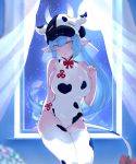  1girl animal_ears animal_print bangs bare_shoulders blue_hair blush breasts cow_ears cow_girl cow_hat cow_horns cow_print cow_tail curtains draph ear_piercing full_moon granblue_fantasy highres horns large_breasts leotard long_hair looking_at_viewer moon night night_sky open_mouth piercing pointy_ears shatola_(granblue_fantasy) shousumi_(ljayxh) sitting sky tail thighhighs thighs white_legwear white_leotard window yellow_eyes 