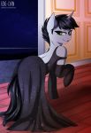  black_hair clothed clothing equid equine feral green_eyes grey_body hair hasbro hi_res horn looking_back male_(lore) mammal my_little_pony rini-chan solo text unicorn url 