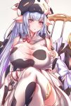  1girl animal_ears animal_print antiqq bangs bare_shoulders bikini blue_hair blush breasts cleavage cow_ears cow_girl cow_hat cow_horns cow_print crossed_legs detached_sleeves draph ear_piercing granblue_fantasy ground_vehicle highres horns key large_breasts long_hair looking_at_viewer motor_vehicle motorcycle piercing pointy_ears purple_eyes shatola_(granblue_fantasy) sheer_clothes short_shorts shorts sitting swimsuit thighhighs thighs white_bikini white_legwear white_shorts wide_sleeves 