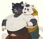  &lt;3 2020 absurd_res anthro belly black_body black_fur blush bottomwear clothing domestic_cat duo felid feline felis fur hi_res hoodie hug hugging_from_behind kemono male male/male mammal navel overweight overweight_male pants quanjiang shirt simple_background topwear white_body white_fur 