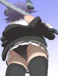  1girl ass ass_focus black_jacket black_legwear black_panties black_skirt blurry blurry_background commentary_request depth_of_field facing_away from_behind from_below gloves headgear highres holding holding_weapon jacket kantai_collection namakura_neo panties pantyshot partially_fingerless_gloves pleated_skirt purple_hair remodel_(kantai_collection) shirt short_hair skirt sleeveless solo sword tenryuu_(kantai_collection) thick_thighs thighhighs thighs underwear upskirt weapon white_shirt 