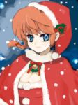  1girl blue_eyes braid breasts christmas cleavage closed_mouth cloud fur_trim genderswap genderswap_(mtf) hat large_breasts long_hair looking_at_viewer ranma-chan ranma_1/2 red_hair santa_hat saotome_ranma single_braid smile solo unicornlove 