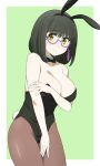  1girl animal_ears bangs bare_shoulders black_hair black_leotard blush border bow bowtie breast_hold breasts bunny_ears bunny_tail cleavage collarbone commentary_request cowboy_shot detached_collar embarrassed eyebrows_visible_through_hair fake_animal_ears fake_tail glasses green_background hand_on_own_arm highres large_breasts leotard looking_at_viewer mahouka_koukou_no_rettousei medium_hair pantyhose playboy_bunny shibata_mizuki simple_background solo strapless strapless_leotard sumi_(shibata3gb) tail wavy_mouth white_border wing_collar 