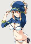  1girl adjusting_clothes adjusting_headwear ahoge arms_up artist_name artoria_pendragon_(all) baseball_cap bikini blonde_hair blue_eyes blue_headwear blue_jacket breasts cleavage commentary_request cowboy_shot dated fate/grand_order fate_(series) grey_background groin hair_through_headwear hat highres jacket long_sleeves medium_breasts mysterious_heroine_xx_(foreigner) navel ponytail shikei shrug_(clothing) side-tie_bikini sidelocks signature simple_background solo swimsuit white_bikini wristband zipper 