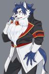  1boshi 2020 2:3 anthro blue_body blue_fur bottomwear canid canine canis clothing domestic_dog eyewear fur glasses great_red_siberian kemono male mammal pants simple_background sleepy_princess_in_the_demon_castle solo white_body white_fur 