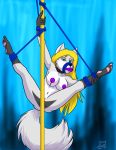  2017 5_toes anthro black_collar black_nose blonde_hair blue_eyes blue_rope breasts canid canine collar dancing female gag gagged genitals goliathcpg hair mammal muzzle_(object) muzzled navel nipples nude pole pole_dancing purple_nipples pussy rope toes 