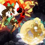  2girls aqua_eyes arm_cannon atom bird_wings black_hair black_legwear black_sun black_wings blonde_hair blouse bow bright_pupils brown_dress brown_eyes brown_hair cape circle cloud collared_blouse commentary_request control_rod dress fire flame floating floating_object forehead_jewel full_moon green_bow green_skirt hair_bow highly_responsive_to_prayers highres kaigen_1025 kikuri_(touhou) kneehighs light_smile long_hair looking_at_another mismatched_footwear moon multiple_girls puffy_short_sleeves puffy_sleeves reiuji_utsuho shoes short_sleeves single_shoe skirt starry_sky_print sun third_eye touhou touhou_(pc-98) two-sided_cape two-sided_fabric very_long_hair weapon white_blouse white_cape white_pupils wings 