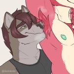  1:1 2020 anthro armpit_hair armpit_sniffing black_clothing black_shirt black_tank_top black_topwear body_hair brown_hair canid canine canis clothing diamobster duo faceless_male green_eyes green_nipples hair hi_res male mammal nipples red_hair sergal shirt simple_background sniffing tank_top topwear white_background wolf 
